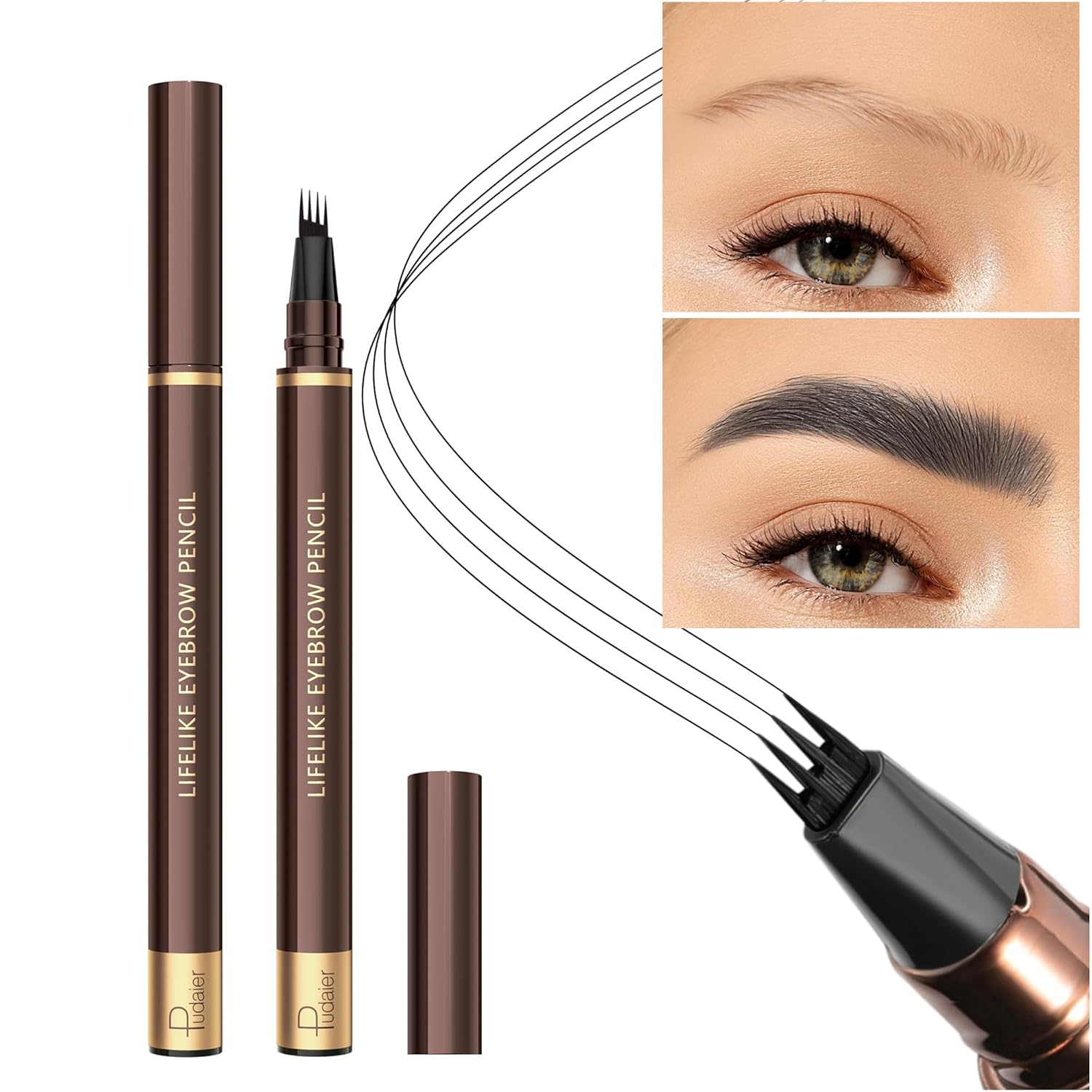 2 Pack Eyebrow Pen, Waterproof Microblading Eyebrow Pencil, 4 Tip Precise Eye Brow Makeup Pen for Women to Effortlessly Create Hair Like Natural Brows, Non Dry Out and Last All Day (Black)-FemmiqueWomen