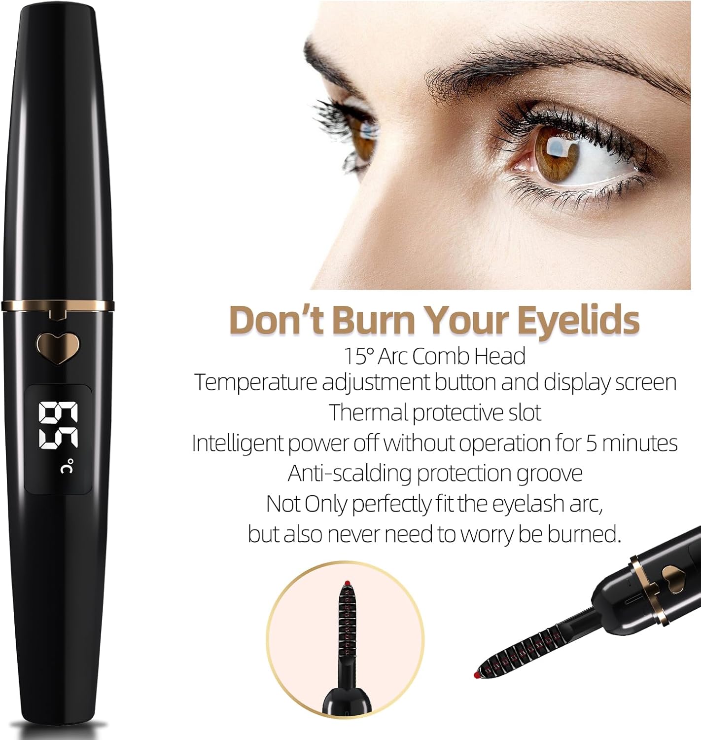 ZAPAL Heated Eyeash Curler, S600 Rechargeable Heated lash Curler, Intelligent Power Off Electric Eyelash Curler Heated Quickly 24 Hs Lasting Natural Makeup for Woman (Jet Black/Gold, X8-132mm)-FemmiqueWomen