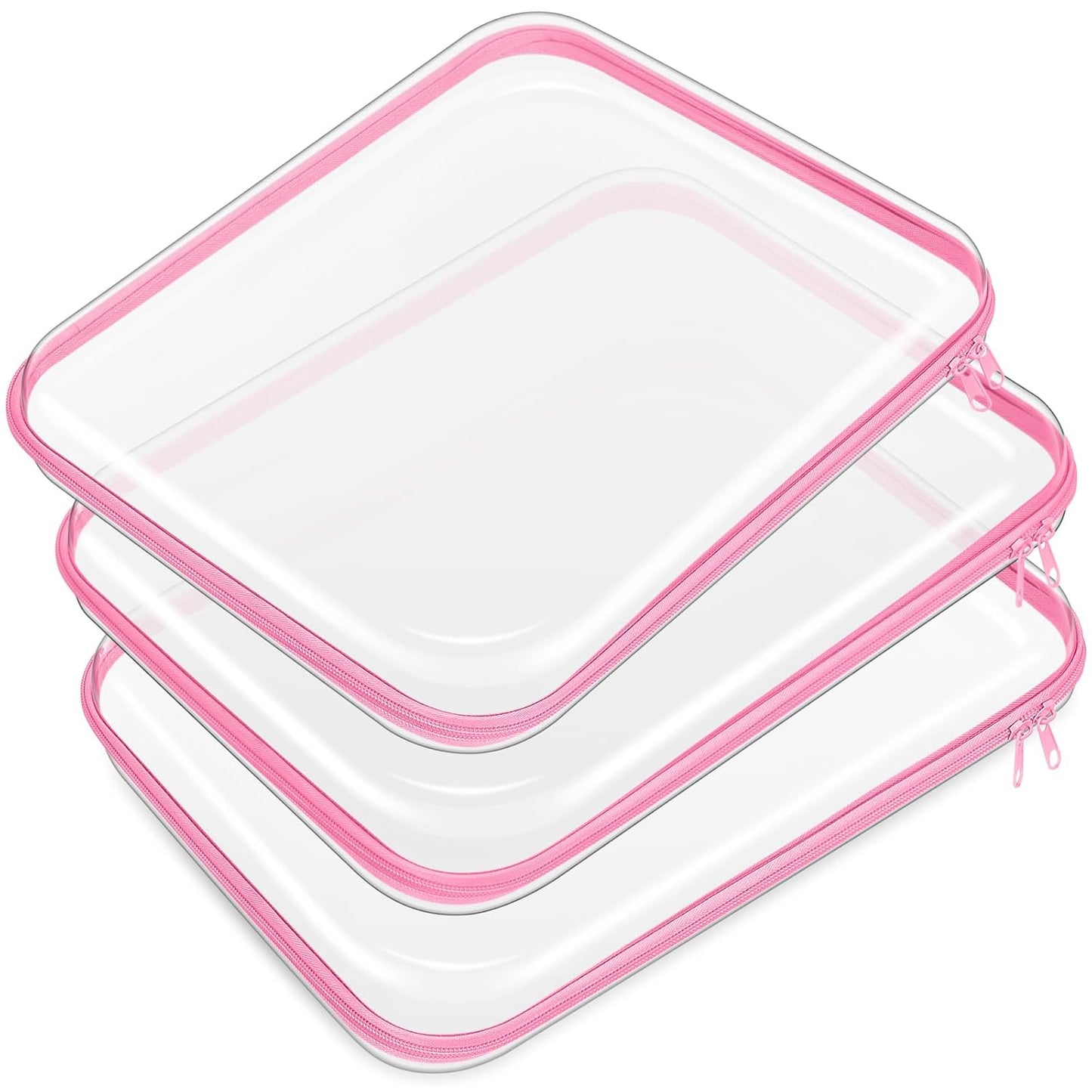 Hoolerry 3 Pcs Clear Hard Zipper Case Plastic Pouch Transparent Hard Case Clear Makeup Bag Portable Travel Organizer Bin for Cosmetics, Building Blocks, Puzzles(Pink,L)-FemmiqueWomen