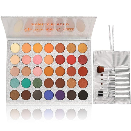 35 Colors Eyeshadow Palette with 7Pcs Makeup Brushes Set, All in One Makeup Kit Matte Shimmer Pigmented Eye Shadow Pallete Waterproof Powder Natural Nude Naked Smokey-FemmiqueWomen