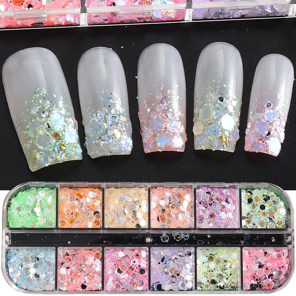 12 Grids Colorful Mermaid Nail Sequin Holographic Nail Art Glitter,Iridescent Nail Art Flake Glitter Decals Glass Paper Design Nail Accessories Acrylic Nails for Women Make Up DIY Nail Decoration-FemmiqueWomen
