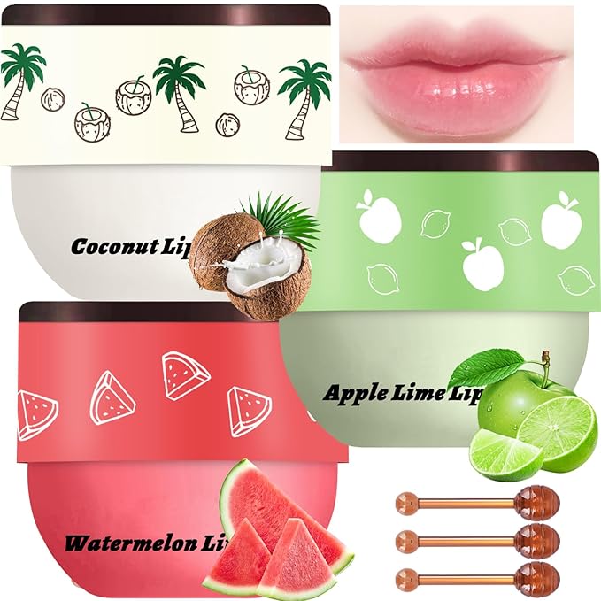 3 Pcs Bee Lip Balm Honey Pot, Coconut Watermelon Apple Lime Lip Mask Overnight, Moisturizing Lip Sleeping Mask, Hydrate Repair Prevent Dry Cracked Lip Exfoliator (Coconut +Watermelon+Apple Lime)-FemmiqueWomen
