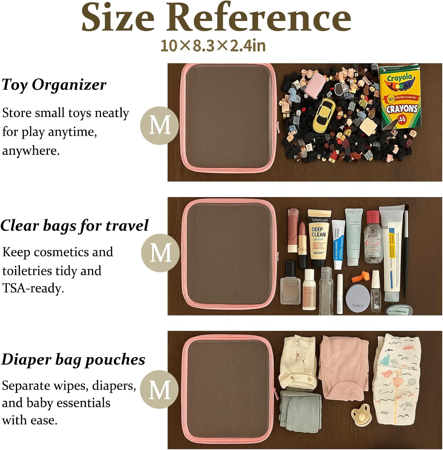 4 pcs Clear Zipper Pouches,Hard Shell Zipper Case, Toiletry Bag for Travel, CLear Diaper Bag, Toiletry Pouch, Travel Organizer, Clear Cosmetic Bag,Toy Storage Bins (M+3S) (Light Pink)-FemmiqueWomen