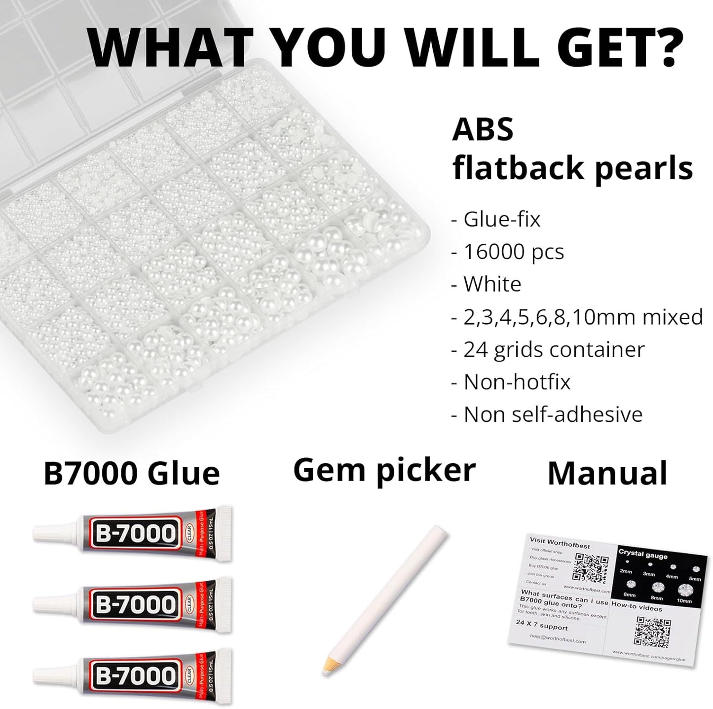 16000Pcs Flatback Pearls for Crafting, White Flat Back Assorted Sizes 2/3/4/5/6/8/10mm Half Pearl Beads Bedazzling for Crafts Clothing Tumbler Shoes Wedding Gown Nails with B7000 Jewelry Making Glue-FemmiqueWomen