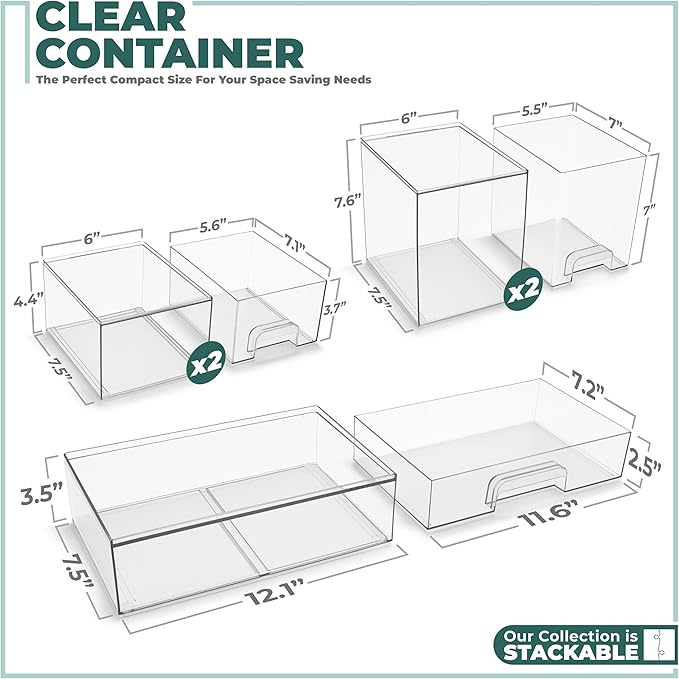 Sorbus Acrylic Storage Containers - 5 Pack, Stackable Storage Bins Set for Bathroom Organization - Clear Acrylic Drawer Organizers - Makeup Case Pull-Out Drawers (7.6’’ and 4.4’’ Tall and 12.1’’ Wide)-FemmiqueWomen