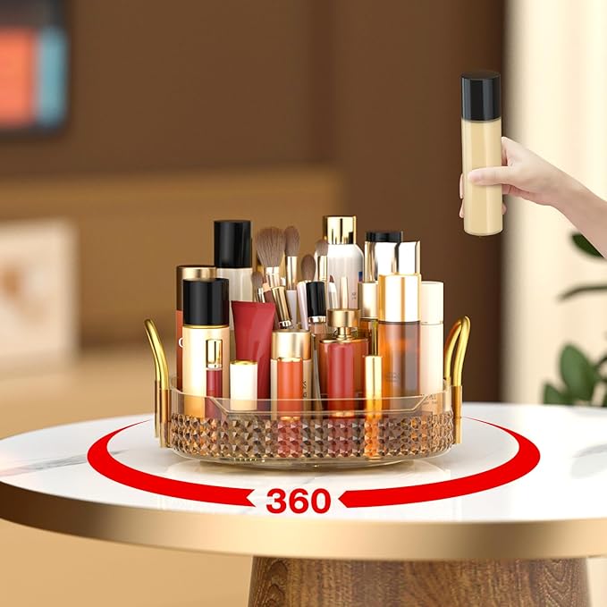 Awenia Rotating Makeup Organizer 360, Stackable Adjustable Large Capacity Cosmetic Storage Unit,Dresser Bathroom Kitchen Countertop Organizer with Metal Handle, Plus Size (Honorable Gold, 1 Tier)-FemmiqueWomen