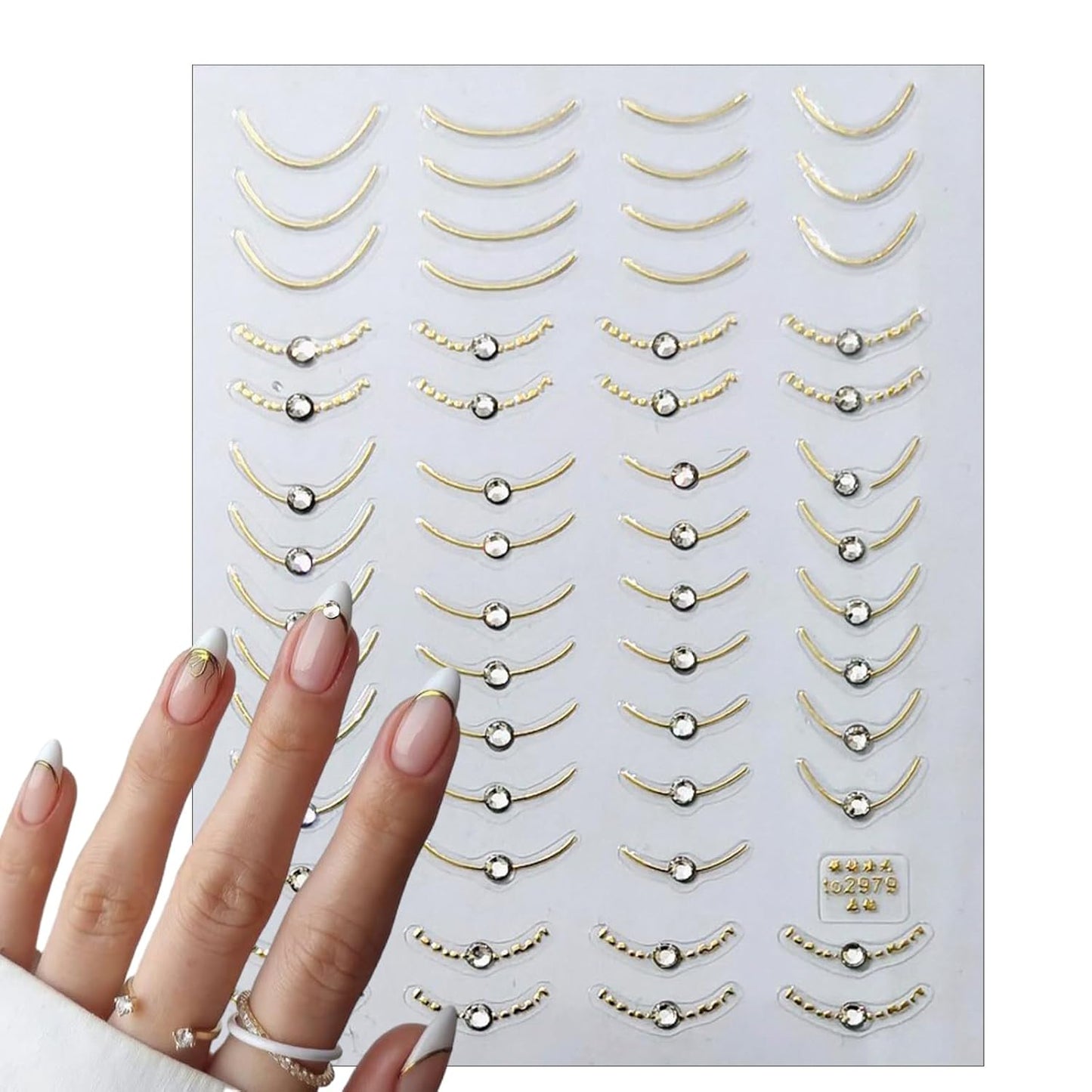 2 Sheets French Tips Nail Art Stickers - 5D Holographic French Simple Gold Silver Line Nail Stickers with Crystal Diamond Design Nail Decals for Women Manicure Decorations-FemmiqueWomen