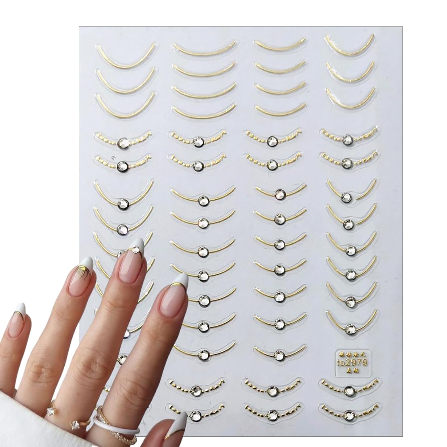 2 Sheets French Tips Nail Art Stickers - 5D Holographic French Simple Gold Silver Line Nail Stickers with Crystal Diamond Design Nail Decals for Women Manicure Decorations-FemmiqueWomen