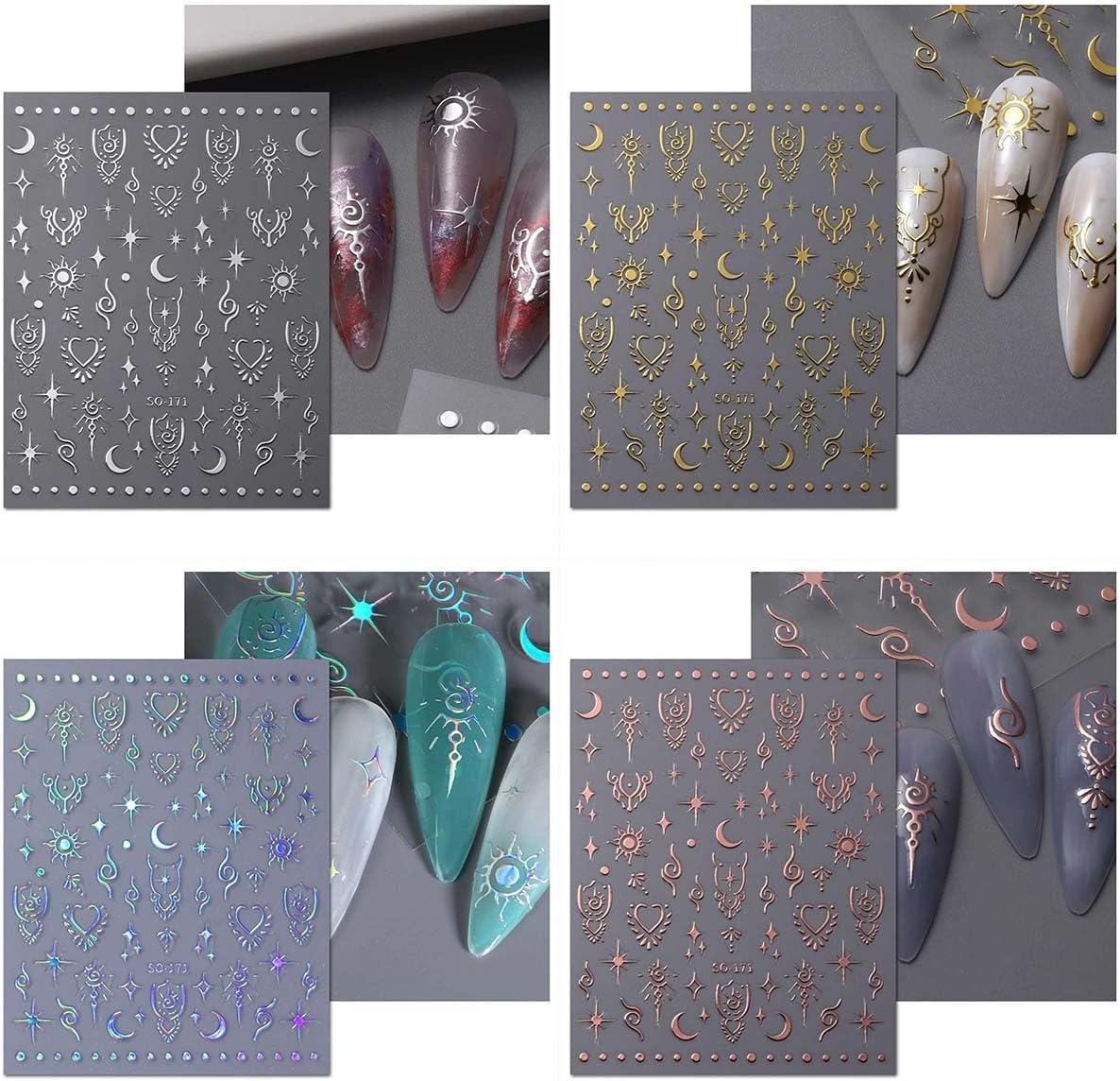 12 Sheets Star Nail Stickers Moon Letter Nail Art Stickers 3D Embossed Self Adhesive Nail Decals Rose Gold Silver Holographic Nails Design Nail Art Decals for Women Manicure DIY Decoration-FemmiqueWomen