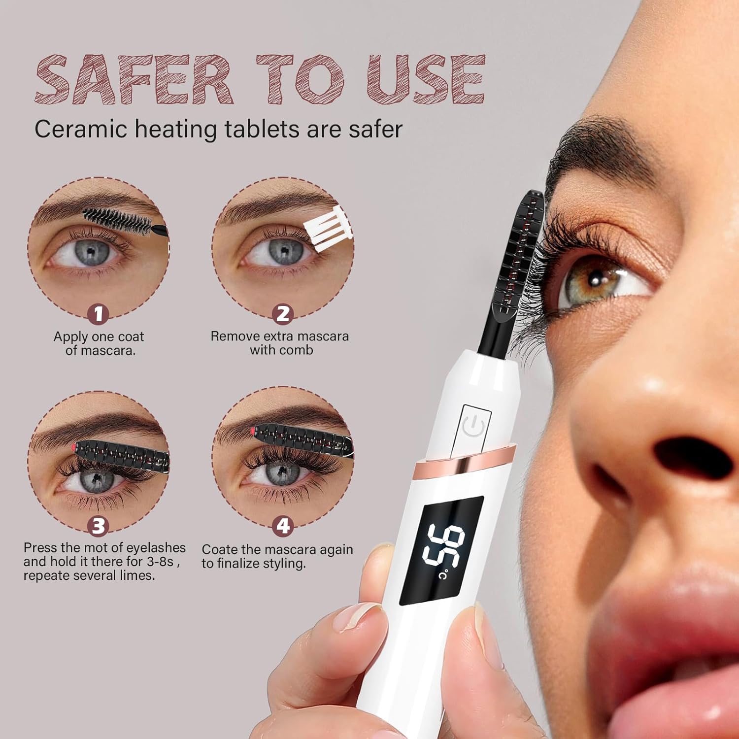 Heated Eyelash Curler for Women, Electric Lash Curler with 10s Fast Heating, 4 Adjustable Temp (65°C-95°C), 24H Curl, USB-C Rechargeable, Ergonomic Design, Travel-Friendly Makeup Tool Gift-FemmiqueWomen