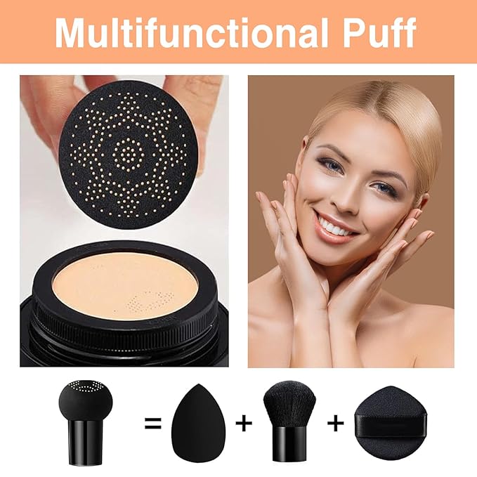 2Pcs Mushroom Head Air Cushion CC Cream, Long Lasting Oil Control BB Cream for All Skin Types, Moisturizing Foundation Face Makeup Set with Foundation Brush （#Natural）-FemmiqueWomen