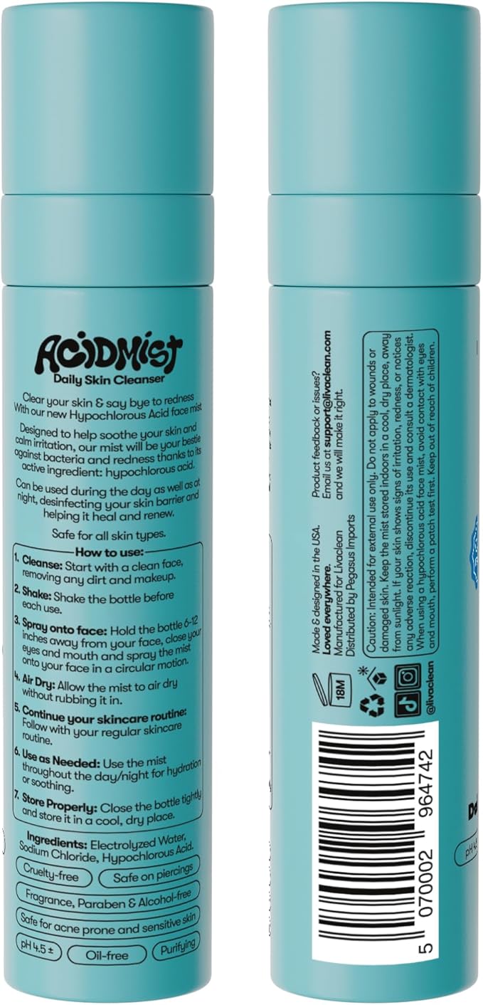 Hypochlorous Acid Spray for Face & Body - Helps Reduce Redness and Breakouts - Travel Size Hypochlorous Spray, Multi-Purpose Topical Facial Skin Repair, pH-Balancing Toner - TSA, Livaclean-FemmiqueWomen