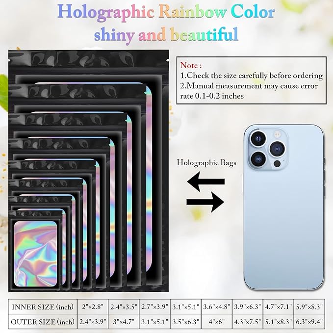 100 Pieces Smell Proof Mylar Bags, Holographic Packaging Bags, Resealable Odor Foil Pouch Zipper Bag with Clear Window for Food Storage and Lipgloss, Jewelry Lash (Black, 4 x 6 Inch)-FemmiqueWomen