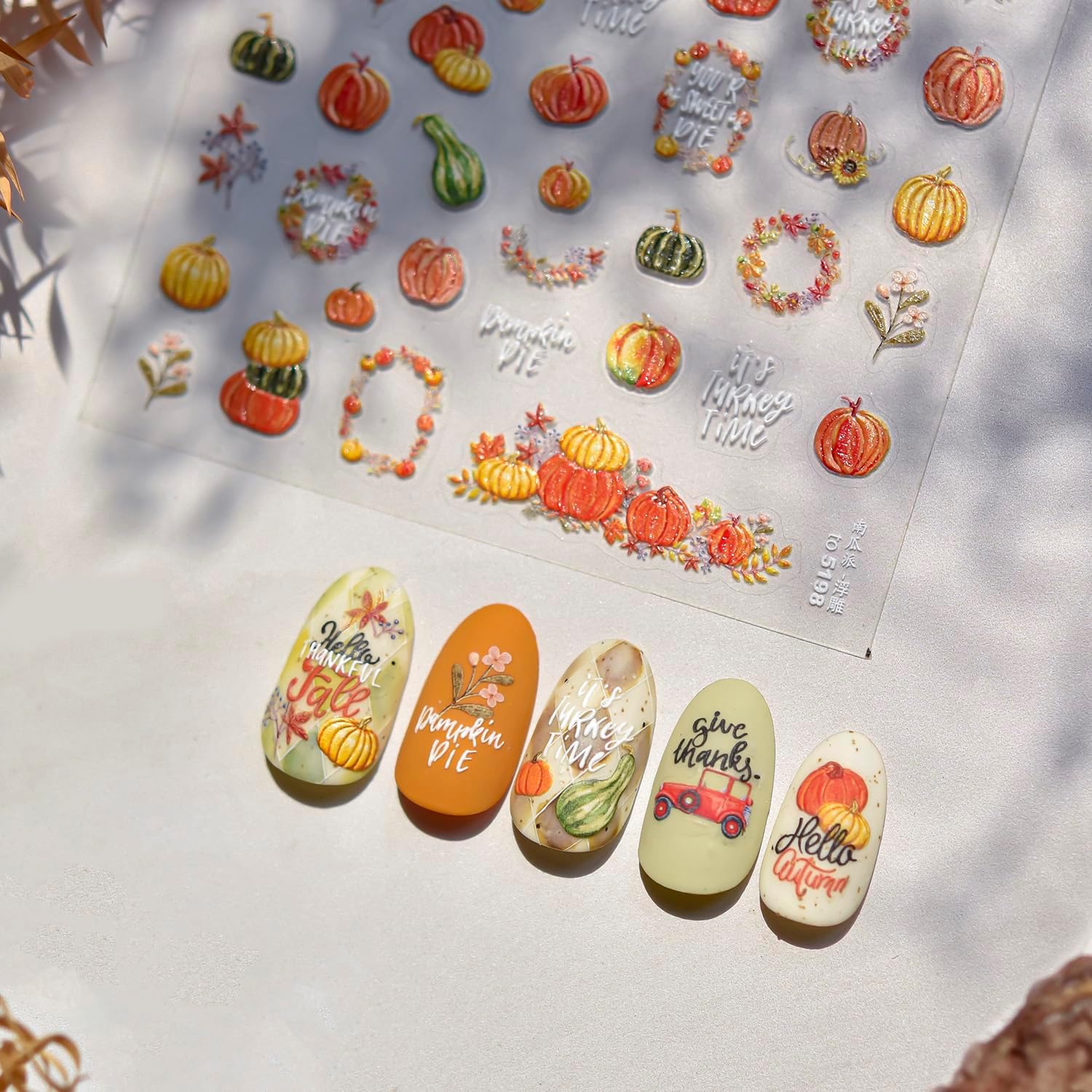 1 Sheets Embossed Pumpkin Nail Decals for Nail Art Thanksgiving Day Fall Nail Stickers 5D Self-Adhesive Autumn Leaf Nail Art Stickers Cute Pumpkins Nail Decal for Women DIY Manicure Decor-FemmiqueWomen