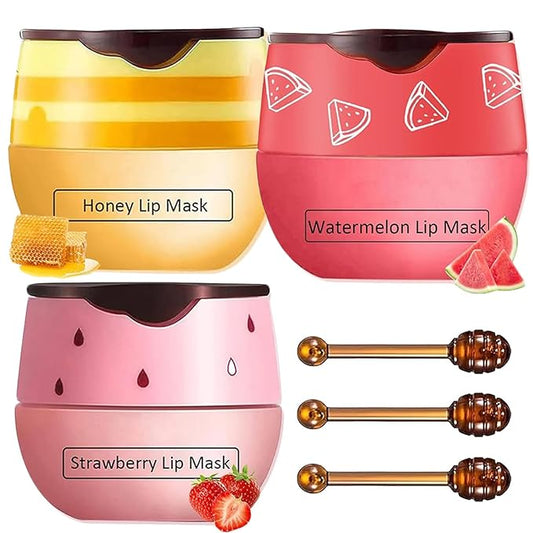 3 PCS Bee Lip Balm Honey Pot, Honey&Strawberry&Watermelon Lip Sleeping Mask Hydrating Prevention Dry and Cracked Lip Scrubs Exfoliator Lip Care, Overnight Lip Mask Reduces Lip Lines-FemmiqueWomen