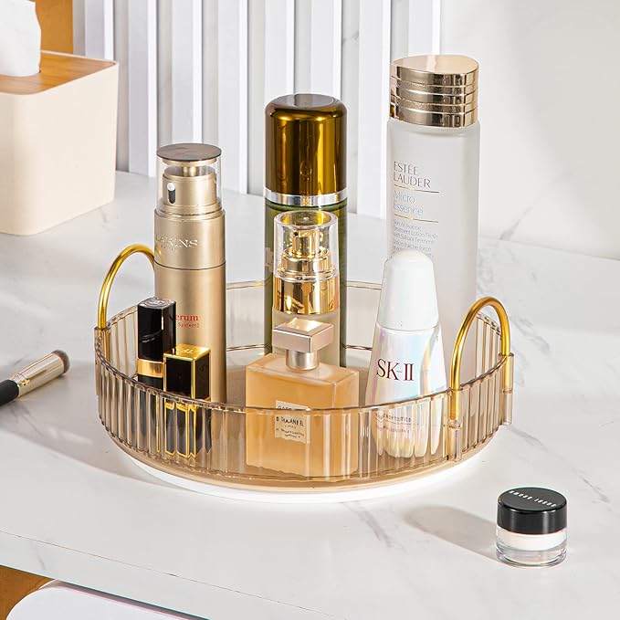 Rotating Makeup Organizer for Vanity, High-Capacity Skincare Clear Make Up Storage Perfume Organizers Cosmetic Dresser Organizer Countertop 360 Spinning (Gold, 1 Tier)-FemmiqueWomen