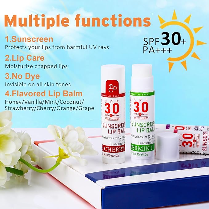 SPF 30 Lip Balm with Sunscreen, SPF Lip Balm Bulk Travel Size-16 Pack, Hydrating Lip Balm Pack with Vitamin E and Coconut Oil- 8 Flavors-FemmiqueWomen