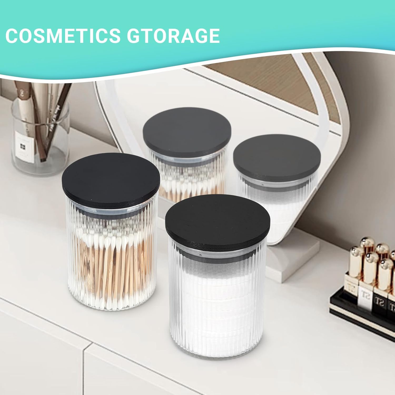 2 Pack Ribbed Glass Qtip Holder Dispenser Set - Apothecary Jars with Lids - Bathroom Canister Storage Organizer and Vanity Makeup Organizer for Cotton Ball, Cotton Swab, Cotton Round Pads,Floss-FemmiqueWomen