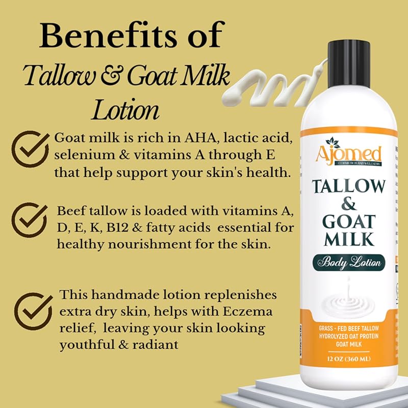 Grass Fed Beef Tallow & Goat Milk Body Lotion for Sensitive Skin, Organic Tallow moisturizer- Soothes Dry Patches, Goat Milk Moisturizer - Handmade Tallow Body Lotion (Oatmeal & Honey, 12 Oz)-FemmiqueWomen