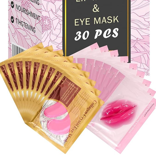 30 Pads Lip Masks & Eye Masks,Under Eye Mask Skincare,Crystal Collagen Lip Mask Sheet,Under Eye Patches for Puffy Eyes and Dark Circles,Moisturizing,Anti-Aging,Reducing Fine Lines,Pink-FemmiqueWomen