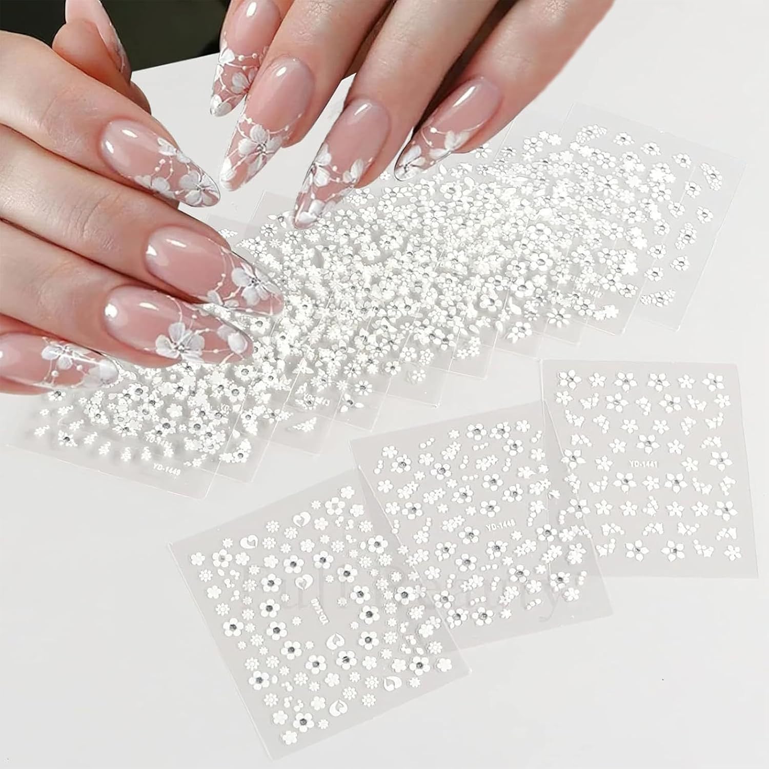 30 Sheets White Flower Nail Art Stickers, 3D Self Adhesive White Flower Nail Sticker Design Holographic Small Floral with Rhinestones Nail Art Decals Nail Supplies for Women Girls Manicure Decoration-FemmiqueWomen