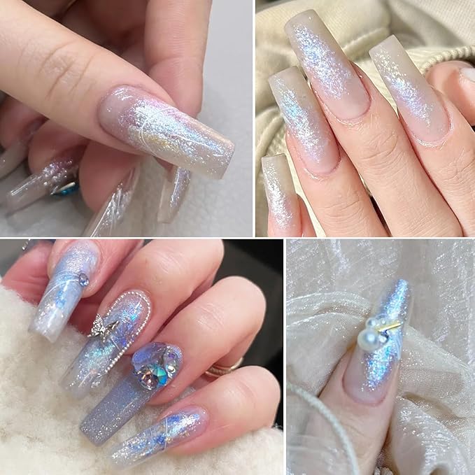 Iridescent Nail Glitter Set, 6 Colors Mud Texture Aurora Chrome Powder, Pink Blue Pearlescent Glitter, Chameleon Nail Flakes Gold Leaf, Holographic Manicure Decor-FemmiqueWomen