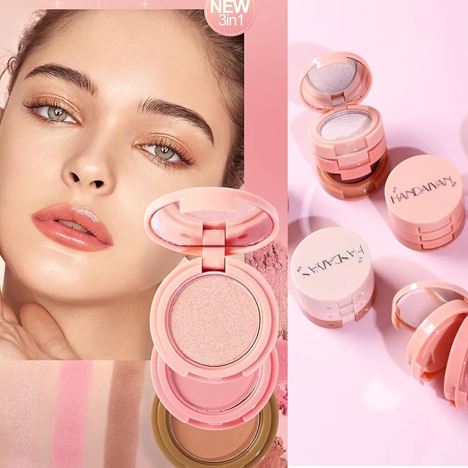 3-in-1 Blendable Trio, Contour and Highlight Blush Makeup Palette, Cream Bronzer, Silky Smooth Powder Blush, Shimmer Highlighter Makeup Powder, Pink Brown Eyeshadow Palette with Mirror(02)-FemmiqueWomen