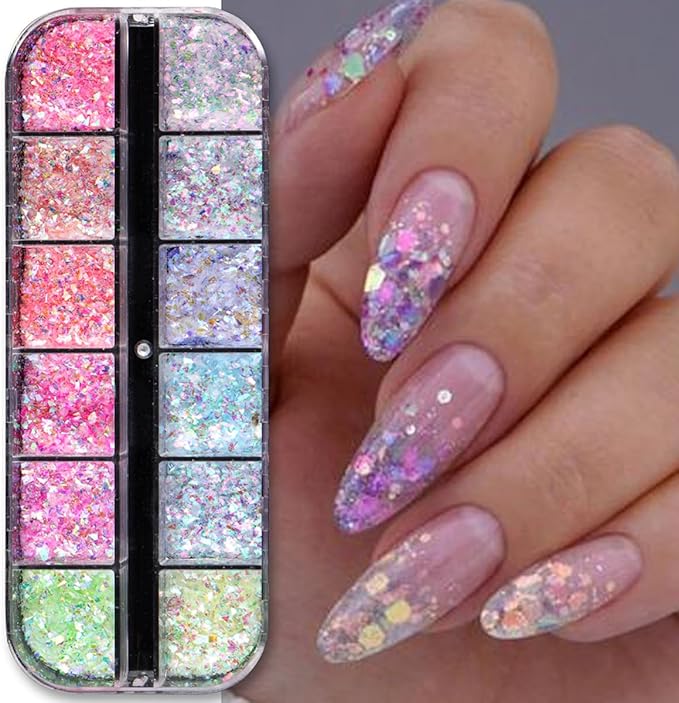 12 Colors Mermaid nail art glitter sequins Iridescent Ice Slag nail glitter flakes Ultra Thin Nail Art Designs 3D holographic nail sequins for Nail Art Supplies Manicure Decoration Accessories-FemmiqueWomen