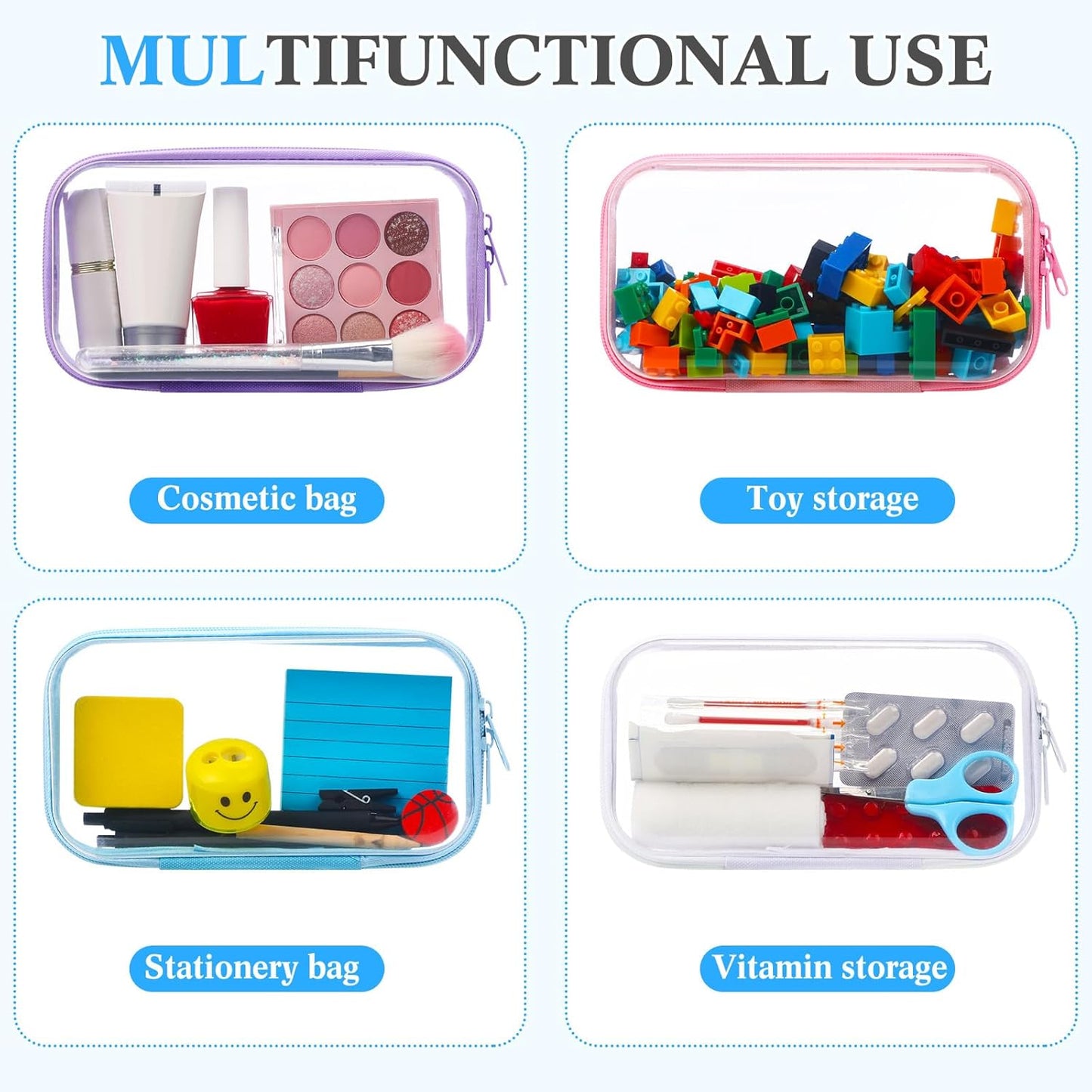 Hoolerry 4 Pcs Hard Clear Zipper Case Makeup Bags Plastic Pencil Pouch Transparent Storage Box Containers for Cosmetics, Snacks, Building Blocks, Puzzles(Multicolor,7.5 x 3.9 x 2 in)-FemmiqueWomen