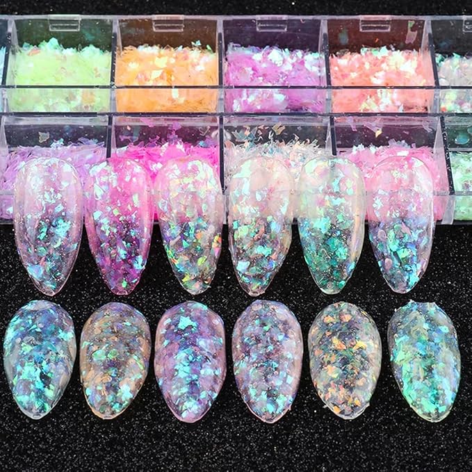 12 Colors Holographic Nail Art Glitter Sequins Iridescent Ice Slag Nail Glitter Laser Nail Art Flakes Colored Fluorescent Glass Paper Nail Sticker Decoration for Face Hand Body Make-Up DIY-FemmiqueWomen