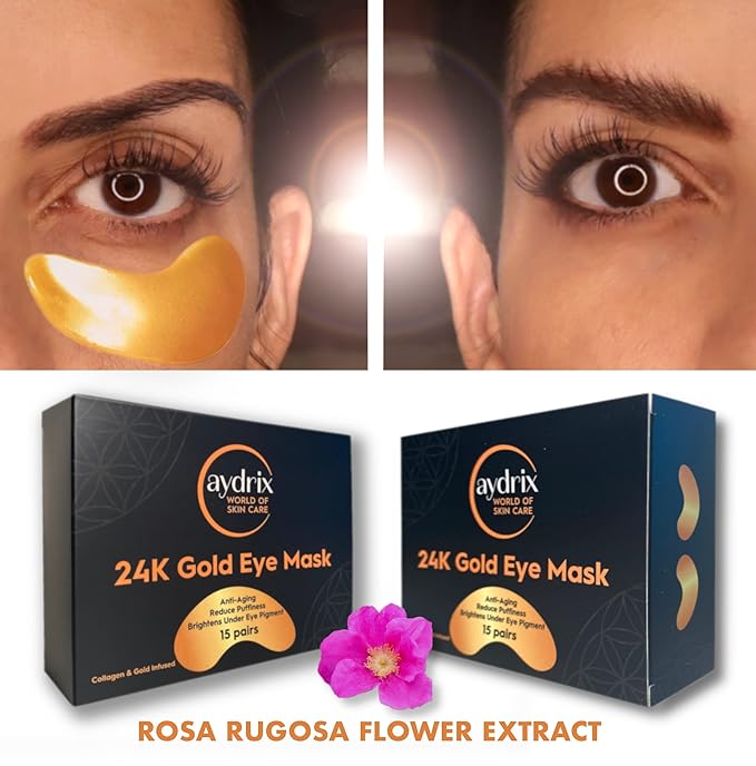 24K Gold Under Eye Mask Treatment - Corrects Puffy Eyes, Dark Circles - Reduces Wrinkles, Fine Lines and Hydrates Your Skin - 15 Golden Eye Mask Pairs-FemmiqueWomen
