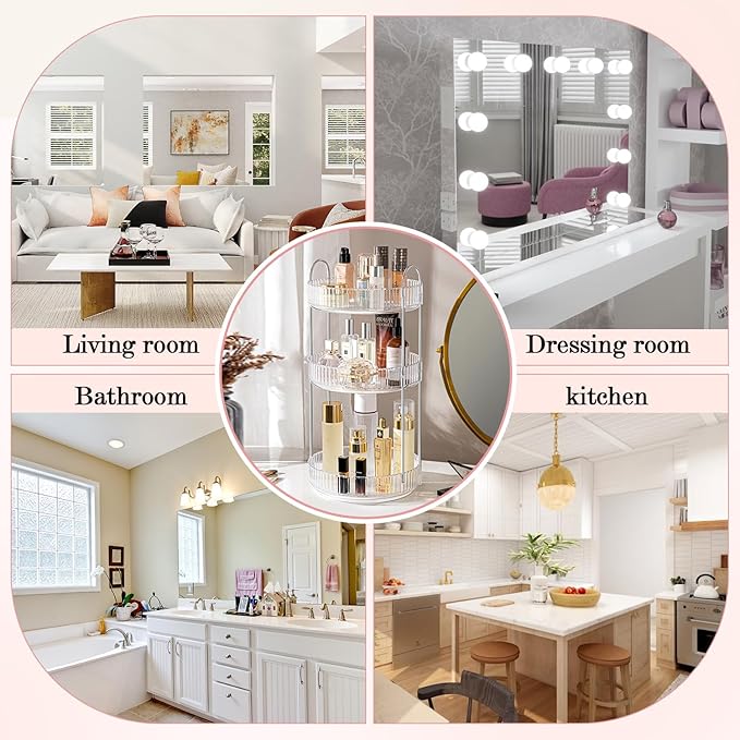 360° Rotating Makeup Organizer for Vanity, Spinning Cosmetics Organizer Holder Rack, Large Capacity Bathroom Organizer Countertop, Fits Perfume, SkinCare, Makeup Brushes 3 Tiers, Transparent-FemmiqueWomen