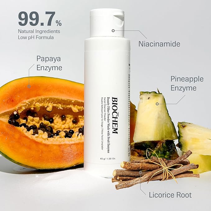 BIOCHEM Beauty Filter Powder Face Wash with Fruit Enzyme, Daily Wash with Papaya & Pineapple Enzyme, Gentle Plant-Based Low pH Exfoliator Cleanser for Women & Men, Sensitive Skin (1.59 fl oz / 45 g)-FemmiqueWomen