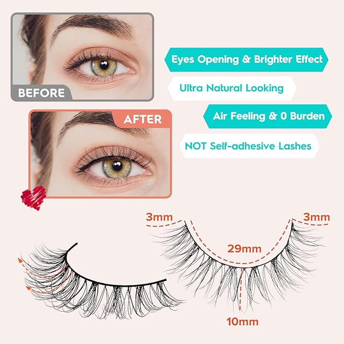 Natural Lashes Wispy False Eyelashes 10mm Short Lashes 3D Volume Strip Lashes Fake Eyelashes Siligli Lashes Thin Band Curly Eye Lashes Pack 10 pair-FemmiqueWomen