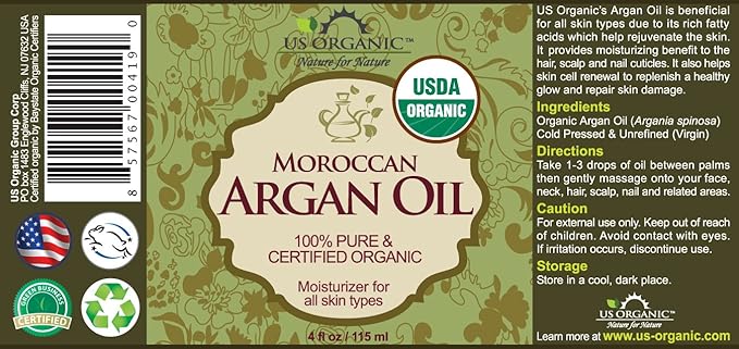 US Organic Moroccan Argan Oil, Cold-Pressed Virgin, USDA Certified, 100% Pure, Unrefined, for Hair, Skin, Nail & Cuticle Care, in Amber Glass Bottle, Sourced from Morocco (4 oz (Large))-FemmiqueWomen