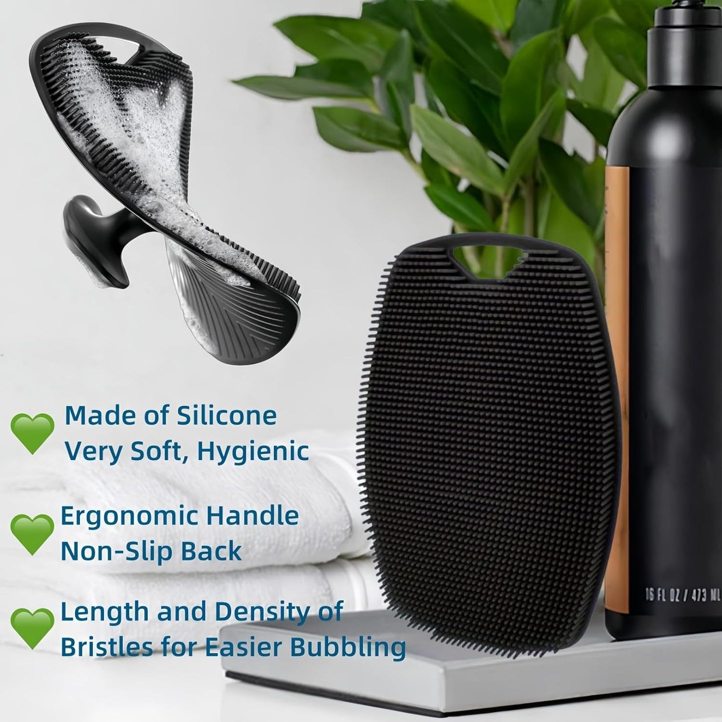 2 Pack Food-Grade Silicone Body Scrubber, Highly Elastic Bristles Handheld Brush for Shower, Lather Well and Gentle Exfoliating, Makes Skin Smooth, for Women and Men, Black and Gray-FemmiqueWomen