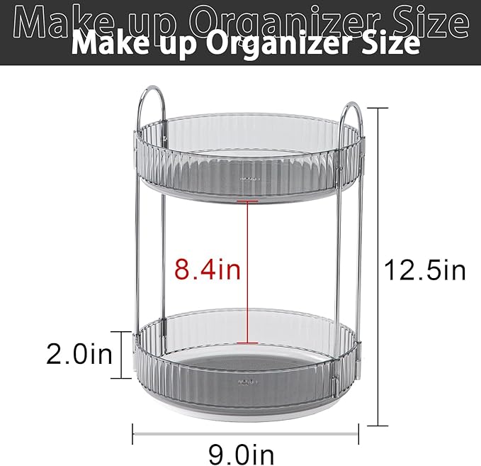 Rotating Makeup Organizer for Vanity, High-Capacity Skincare Clear Make Up Storage Perfume Organizers Cosmetic Dresser Organizer Countertop 360 Spinning (Gray, 2 Tier)-FemmiqueWomen