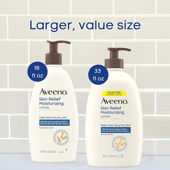 Aveeno Skin Relief Moisturizing Lotion for Very Dry, Itchy, Dry Skin, Body Moisturizer, Soothing Triple Oat & Shea Butter, Fragrance-Free, Non-Greasy, 33 fl oz-FemmiqueWomen
