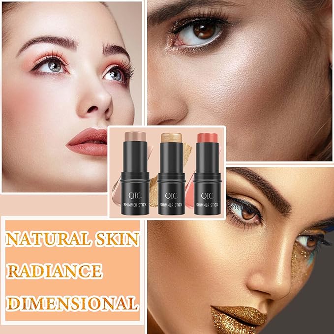 3 PCS Cream Contour Blush Stick,Long Lasting Waterproof Blush Stick for Cheeks&Lips Multipurpose Face Highlighting Concealing Cream,Shimmer Contour Stick Makeup for Women-FemmiqueWomen