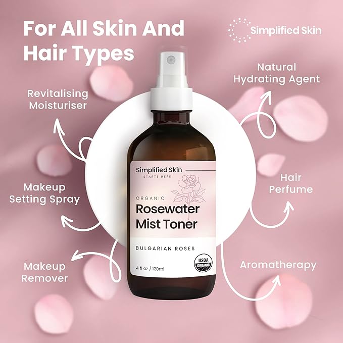 Rose Water Spray for Face & Hair - Organic USDA Certified Rosewater Facial Toner - Alcohol-Free Makeup Setting Hydrating Face Mist - Anti-Aging Toner Spray - 4 Oz-FemmiqueWomen