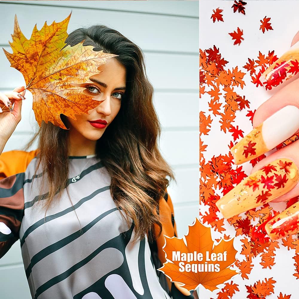 3D Fall Maple Leaf Nail Art Decals Charms for Nails, 3D Holographic Glitters Meteillc Red Yellow Nail Art Sequins Flakes for Women DIY Manicures Salon Accessories 2 Bag-FemmiqueWomen