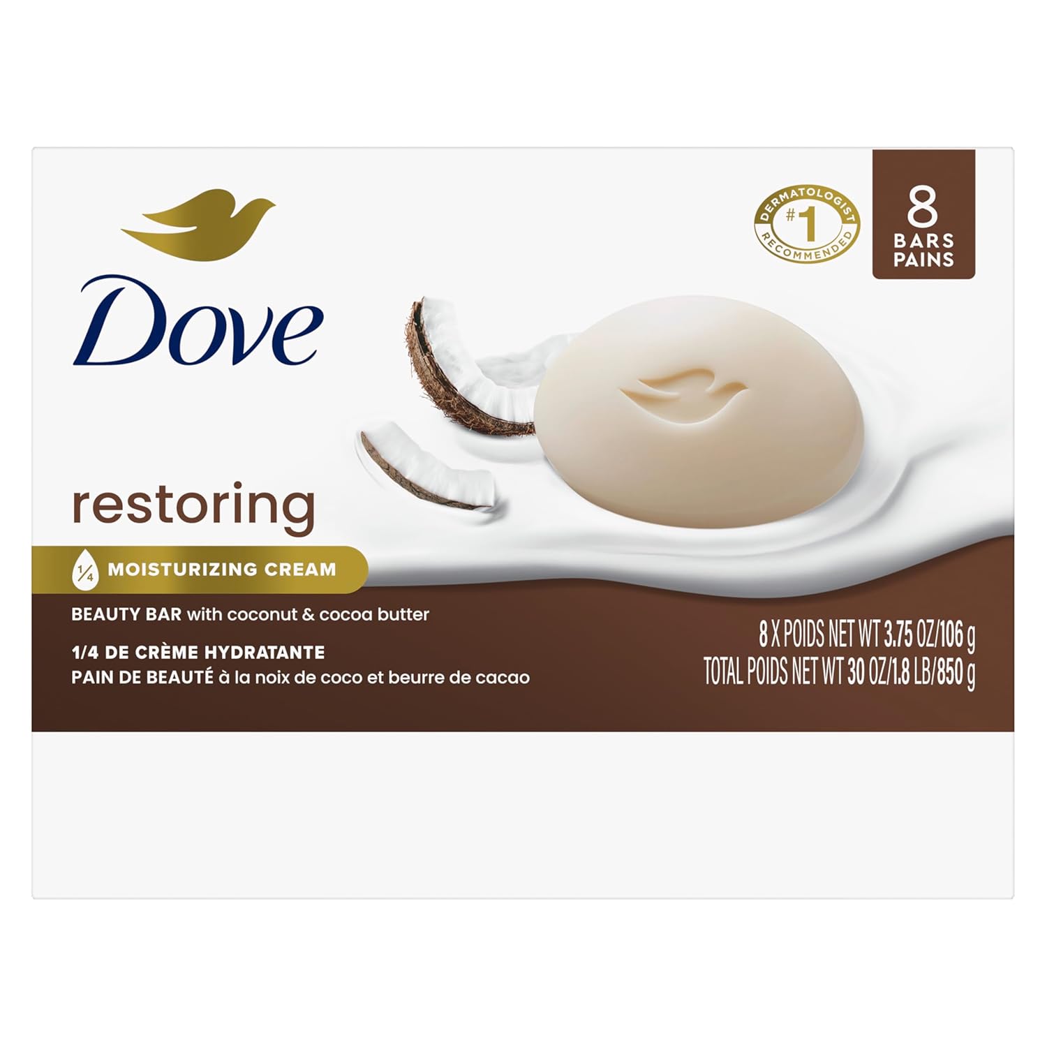 Dove Beauty Bar Soap Restoring Coconut & Cocoa Butter, 8 Bars for Restored Skin, Nourishes Skin 3.75 oz-FemmiqueWomen