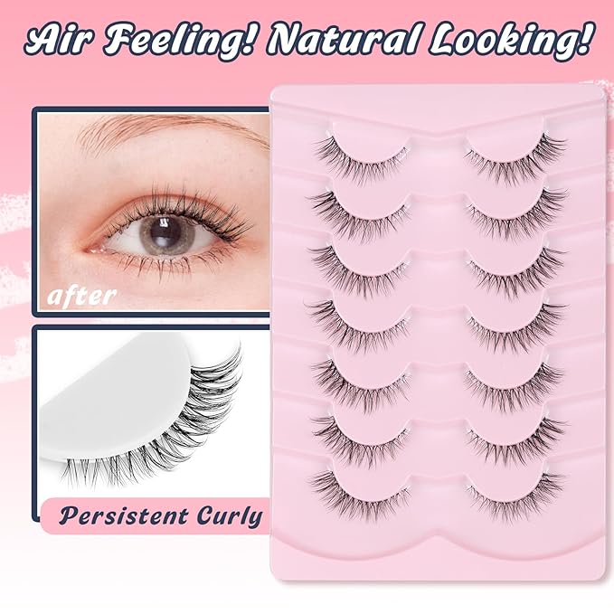 Cat Eyelashes Natural Eye Lashes 12mm False Lashes Wispy Thin Band 3D Volume Fake Eyelash C Curl Lash Pack Natural Look 7 Pair-FemmiqueWomen