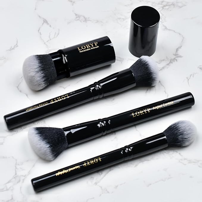 LORYP 4 Pcs Full Face Professional Makeup Brushes Set with Retractable Kabuki Airbrush For Powder,Liquid,Cream,Angled Blush Brush, Foundation Brush, Tapered Highlight Brush-FemmiqueWomen