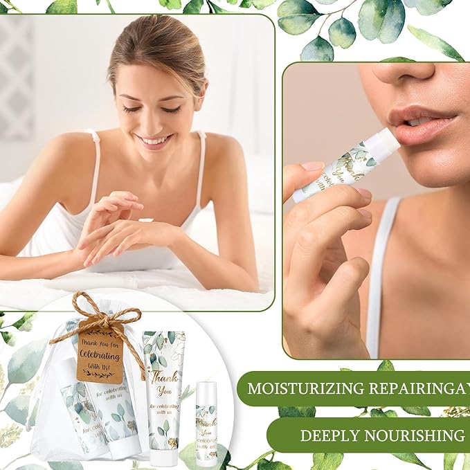 200 Pcs Baby Shower Wedding Party Favors Gift Set, 50 Pcs Baby Shower Hand Cream and 50 Lip Balm for Wedding Bridesmaid Guests Gift Supplies with 50 Organza Bag 50 Thank You Tag(Eucalyptus)-FemmiqueWomen