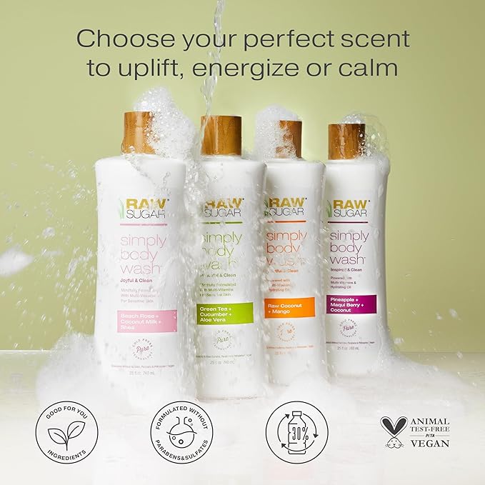 RAW SUGAR Simply Body Wash, Beach Rose + Coconut Milk + Shea (25 Fl Oz, Pack of 3) Sensitive Skin Bath Soap, Formulated without Sulfates & Parabens…-FemmiqueWomen