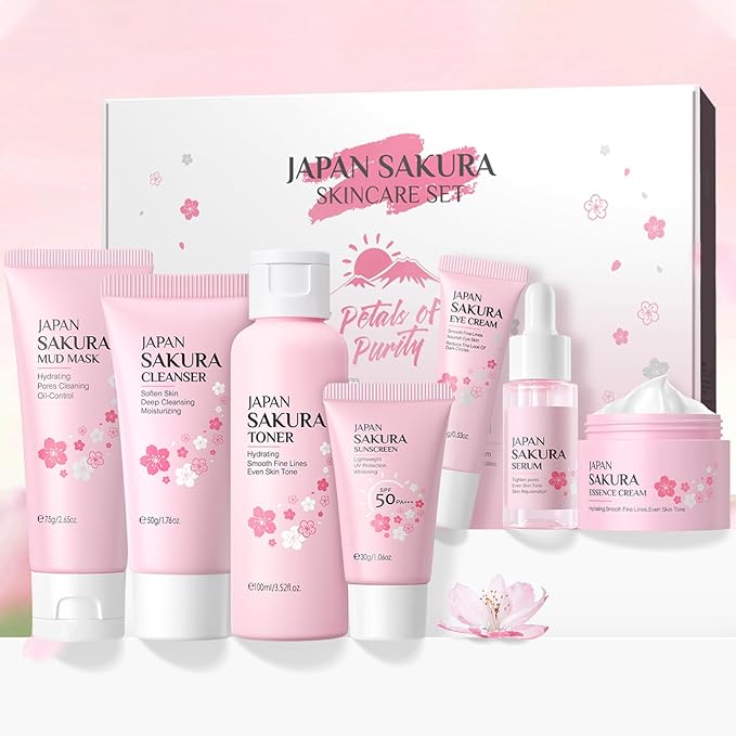 Skin Care Set JAPAN-SAKURA Women Beauty Gift Sets Skin Care Kit, Self-Care Skincare Set: Cleanser,Toner,Serum,Cream,Mud Mask,Eye Cream,Sunscreen, Facial Kit for Women Teen Girls Mom Daughter 7pcs-FemmiqueWomen