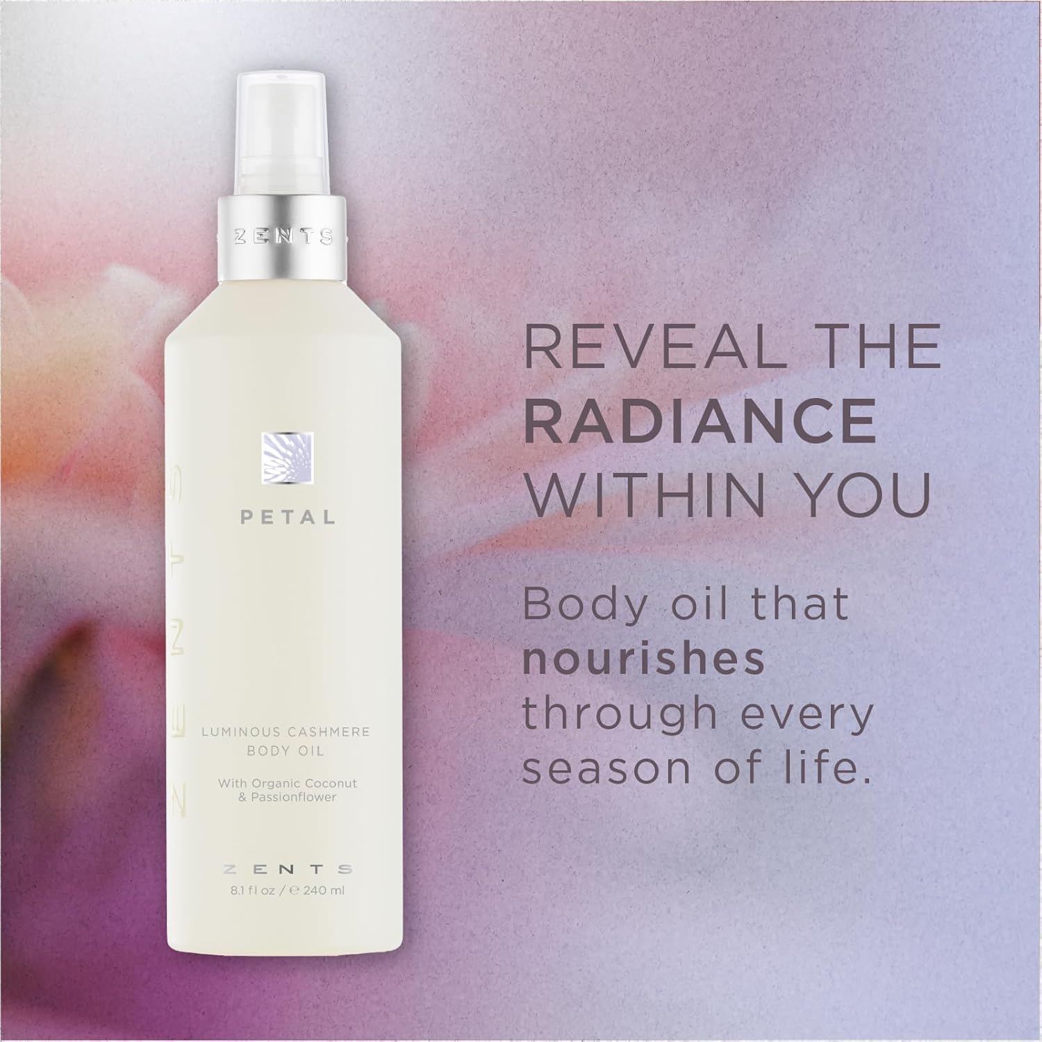 Zents Luminous Cashmere Body Oil (Petal Fragrance) | Moisturizing Body Oil with Vitamin E & Organic Coconut Oil | Softens & Smooths Skin | 8 fl oz-FemmiqueWomen