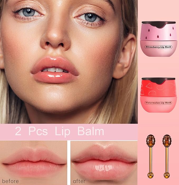 2 PCS Bee Lip Balm Honey Pot, Bee Lip Balm Sleeping Lip Mask Overnight with Sticks, Honey Pot Lip Balm Hydrating Exfoliating Prevention Dry and Crack Lip Scrubs-FemmiqueWomen