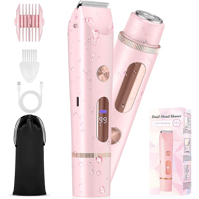 2025 Upgraded Bikini Trimmer for Women - 2 in 1 Dermave Bikini Shaver with LED Display, Dual Head Cordless Electric Shaver, IPX7 Waterproof Wet/Dry Body Hair Trimmer for Face, Body & Intimate Areas-FemmiqueWomen